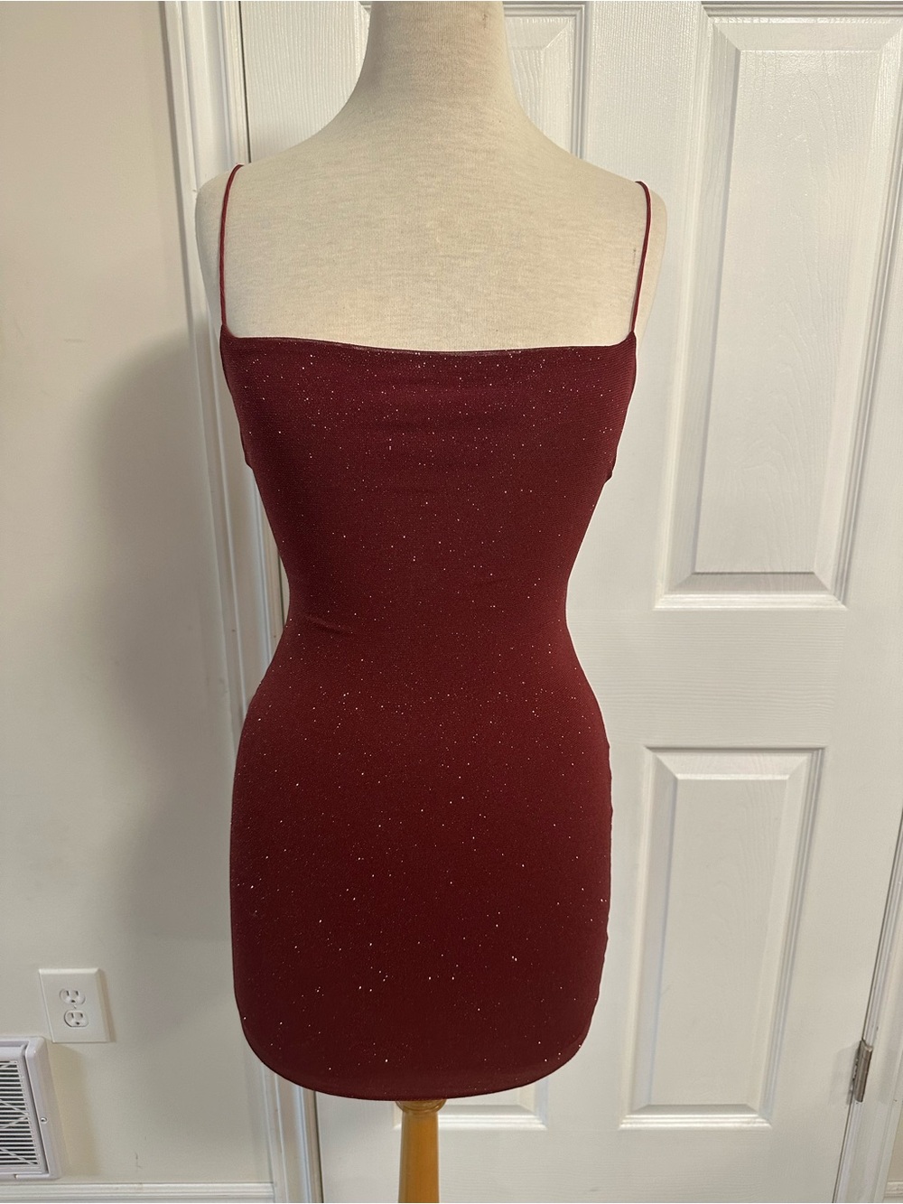 Glitter Spaghetti-Strap Mini Dress in Wine
